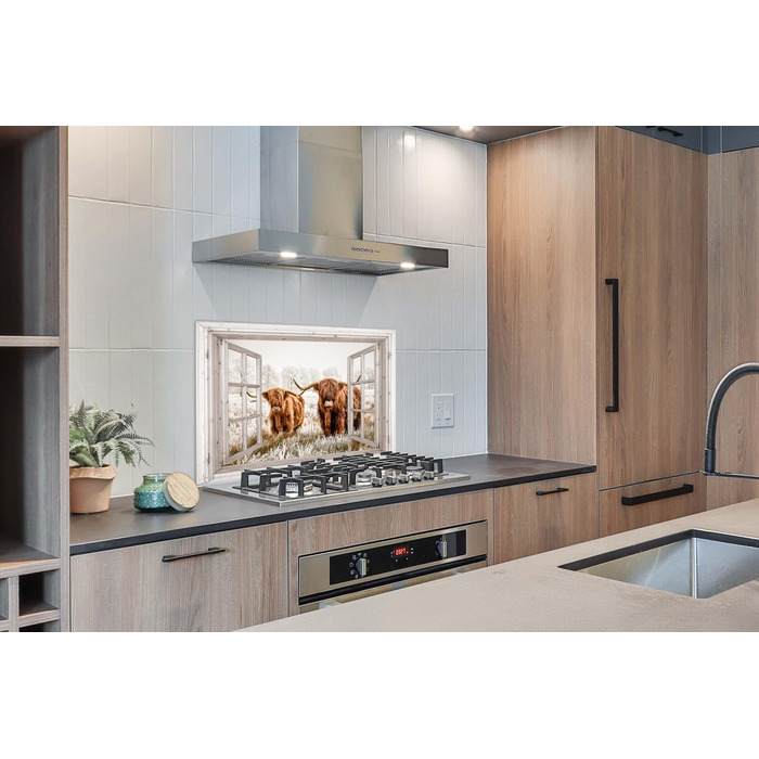 Панель кухонного фартуха, бризкозахисна панель, декор для кухні, алюмінієва панель, бризкозахисна панель для плити, альтернатива скляній панелі, чорна - з малюнком - суцільна - чорна - темна - (вид з вікна на шотландську високогірну худобу, 100x65 см)