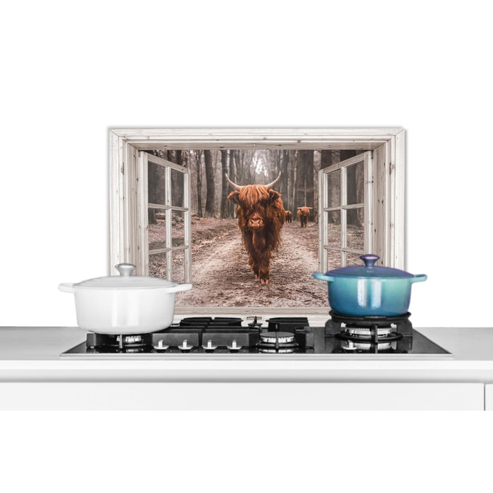 Панель кухонного фартуха, бризкозахисна панель, декор для кухні, алюмінієва панель, бризкозахисна панель для плити, альтернатива скляній панелі, чорна - з малюнком - суцільна - чорна - темна - (вид з вікна на шотландську високогірну худобу, 60x40 см)