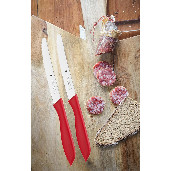 Набор ножей для завтрака 6 шт., 23 см, зубчатый нож для хлеба, нож для хлеба, сталь со специальным лезвием, пластиковая ручка, (красный, комплект с кухонными ножницами)