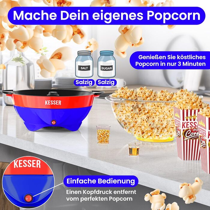 Велика машина для попкорну KESSER 800 Вт Машина для попкорну об&39ємом 5,5 л з кришкою з антипригарним покриттям та сервірувальною мискою для олії, масла, цукру, тиха та швидка, включаючи мірну чашку та чашку для попкорну, знімна нагрівальна поверхня (син