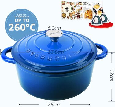Чавунна форма для запікання Overmont Enamel - 26 см, придатна для використання в духовці, з кришкою та кулінарною книгою - для випікання, тушкування, запікання, білого кремового кольору (26 см-5,2 л, синього кольору)