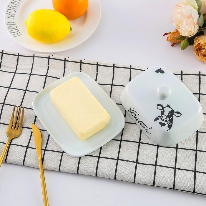 Маслянка з ручкою для 250 г вершкового масла, високоякісна кераміка, білий колір з квітковим та бджолиним візерунком, порцеляна, класична маслянка, маслянка, контейнер для масла, коробка для масла, можна мити в посудомийній машині (коров&39яча голова)