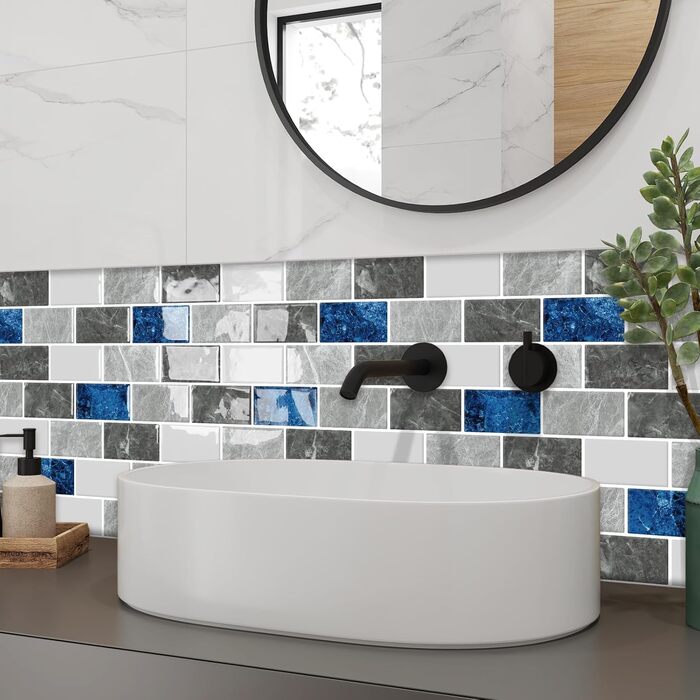 Мозаїчна плитка DEWOO 3D, наклейки на стіну, клейка плитка Metro, самоклеюча імітація плитки для кухні та ванної кімнати - штука, (30,5 x 30,5 см) (10, мармурово-синій)