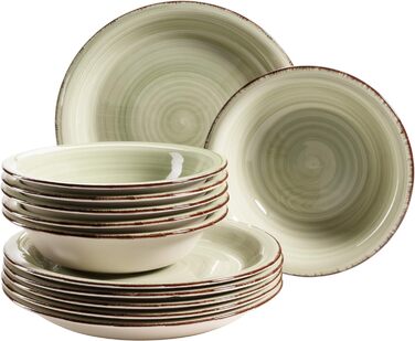 Набор тарелок MSER Bel Tempo II на 6 персон в современном винтажном стиле, столовый сервиз из 12 предметов, ручная роспись, зеленый, керамогранит
