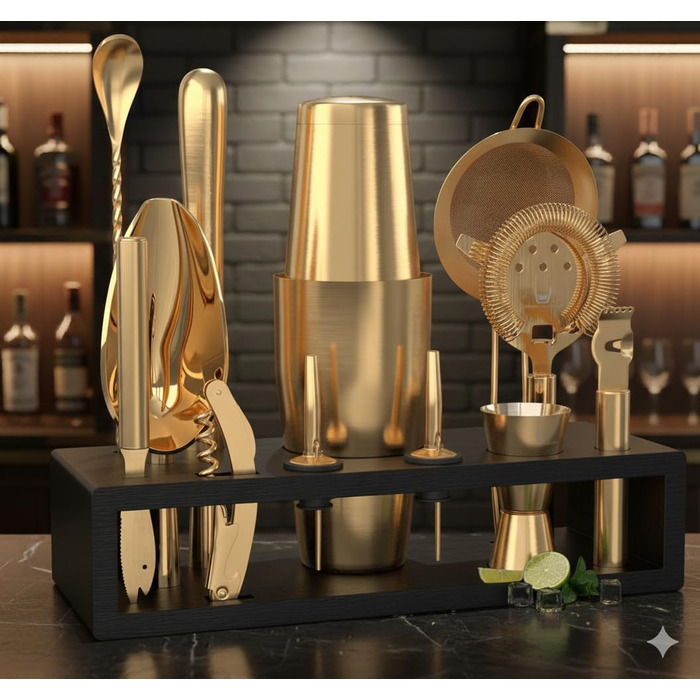 Набір бармена з чорною бамбуковою підставкою 11 предметів Highball & Chaser