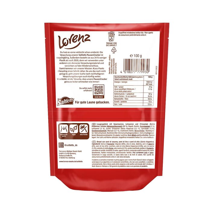 Крекер Saltletts з насінням чіа, льону та кунжуту, 16 упаковок x 100 г Lorenz