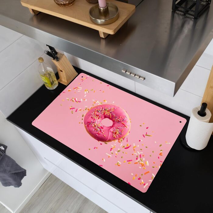 Фартух для плити, кухонний фартух, вініл, 78x52 см, декор для кухні, облицювання стіни, кришка для плити - сіро-чорна (пончик - рожева, 52Д x 81,2Ш см)