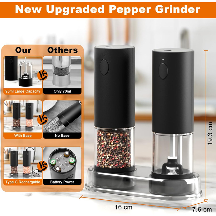 Набір із 2 електричних млинів солі та перцю на підставці, з USB-акумулятором, чорний Cokunst