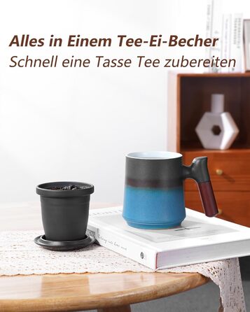 Чайна кружка з кришкою і ситечком, 500 мл велика дерев'яна кружка з градієнтним рельєфним візерунком, матові керамічні чашки з ситечком для чайних подарунків, чорно-зелені (01-чорно-сині)