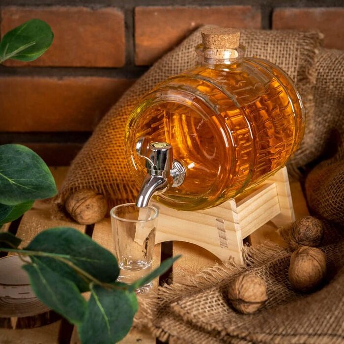 Стеклянный диспенсер в форме бочки с краном 1л SUPERBUTELKI.PL