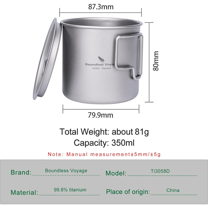 Мл Титанова чашка з кришкою Складна ручка Одностінний кемпінговий кухоль Легкий портативний для посуду для пиття на відкритому повітрі US-Ti3059D (чашка 350 мл), 500