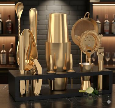 Набір бармена з чорною бамбуковою підставкою 11 предметів Highball & Chaser