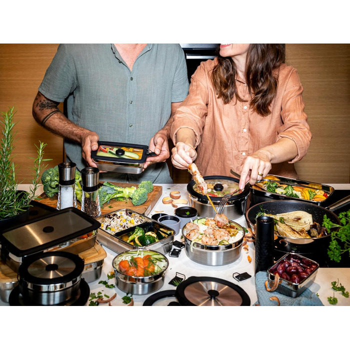 Кришка RSLE FLEXX 2GO з нержавіючої сталі з затискачами для ланч-боксу, силіконовий обідок, герметична, силіконовий клапан, сріблясто-чорна, срібляста (кругла з нержавіючої сталі, кругла 1,4 л)