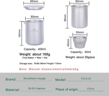 Безмежна подорож Подвійна стінка з титановою чашкою Кавова чашка Легкий чайник з фільтром Кемпінговий посуд (Ti3121d-400 мл 45 мл 3 чашки)