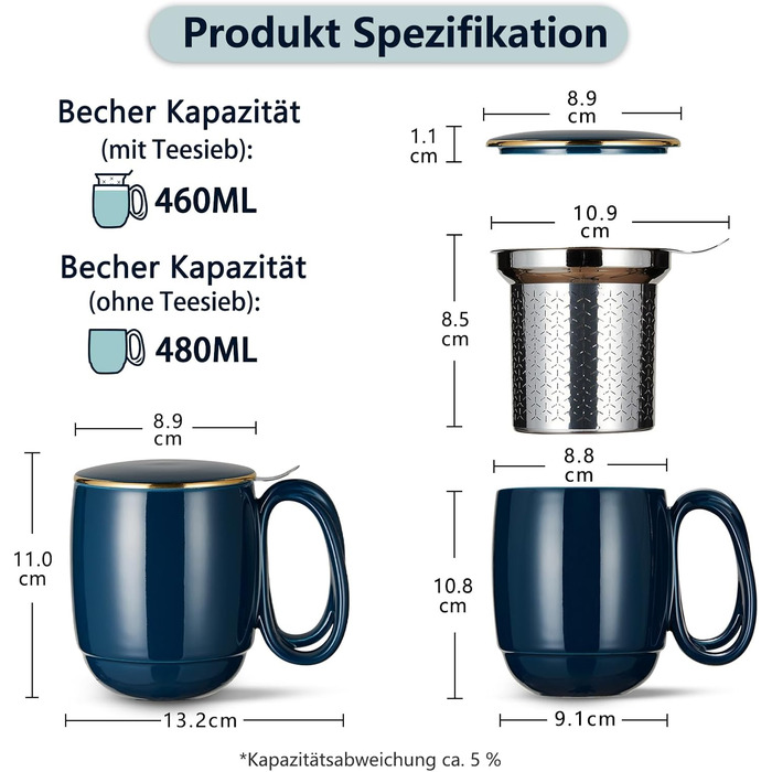 Чашка для чаю з кришкою та ситечком, велика порцелянова кружка для розсипного чаю з крученою ручкою 480 мл, чорні гладенькі чашки для чаю з золотою обробкою та кришкою для замочування чаю (2 темно-сині)