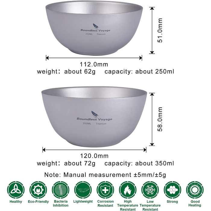 Безмежна подорож 250 мл 350 мл Титанова чаша з подвійними стінками Каструля Фруктово-овочева обідня миска для дому Кемпінг на свіжому повітрі Піші походи Пікнік (2 шт. миска)