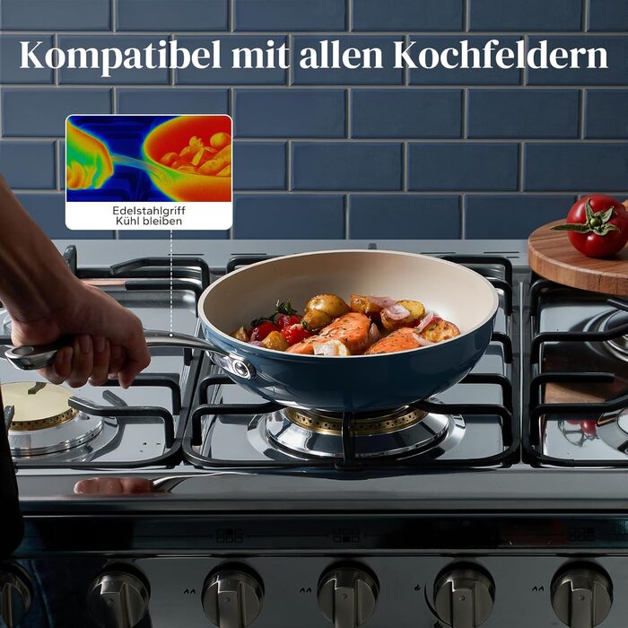 Сковороди Redchef з кришками, керамічне антипригарне покриття, алюмінієві сковороди для всіх типів варильних поверхонь, без PTFE, без PFAS, без PFOA, придатні для індукції, можна використовувати в духовці, можна мити в посудомийній машині (20 24 28 см, си