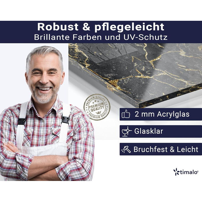 Фартух для плити timalo, настінна раковина, кухонний фартух, скляний вигляд Акрилове скло 2 мм Скляний фартух, акрилові скляні кухонні панелі, захисна панель для фартуха Мармурове біле золото (60x52 см, 67- Мармурове чорне золото)