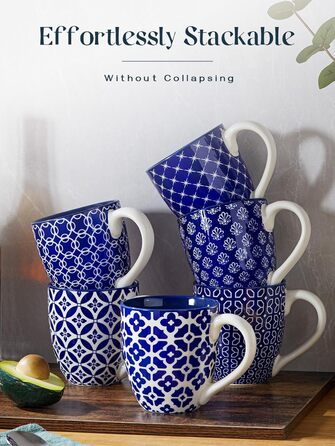 Набір чашок для кави DOWAN, 6 x 560 мл Кавова чашка порцеляна, великі чашки в китайському традиційному стилі візерунка для кави, молока, чаю та какао, кавова кружка (синя та біла)
