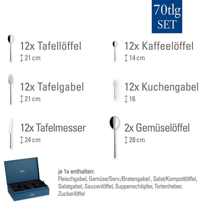 Набір столових приборів на 12 персон, 70 предметів, часткова позолота Ella Villeroy & Boch