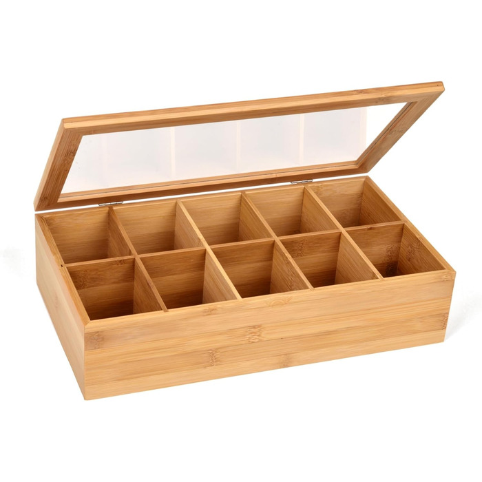 Бамбукова чайна коробка GRWE з 10 відділеннями, кришкою на петлях, оглядовим віконцем, коробка для чайних пакетиків для зберігання чаю з захистом від аромату - 36 x 20 x 9 см Бамбук, велика - 10 відділень