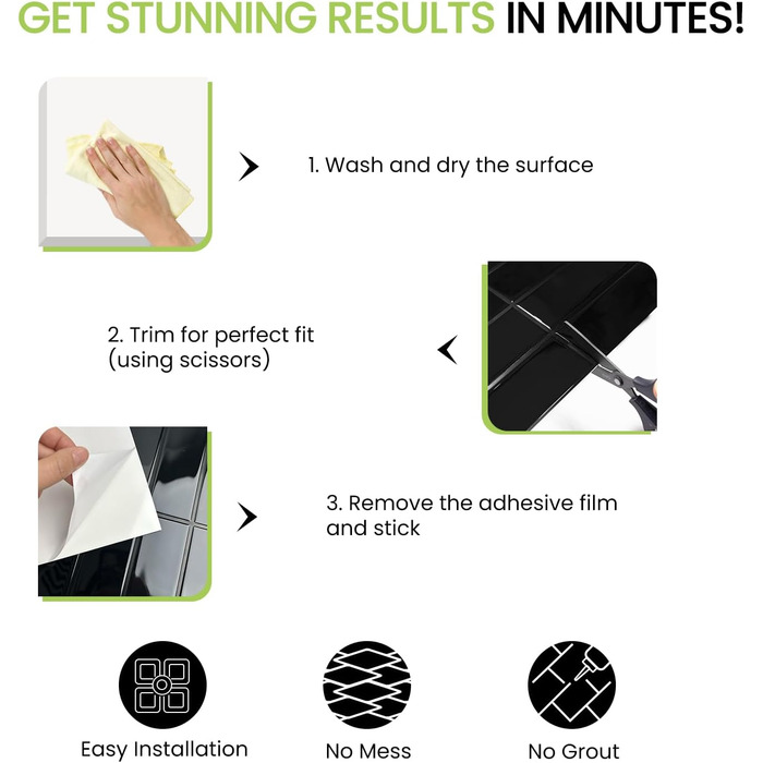 Елементна 3D самоклеюча плитка для кухонного фартуха з товстішою клейкою плиткою 2,5 мм (30,5 x 30,5 см) (чорна), 10-