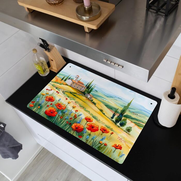 Фартух для плити, кухонний фартух, вініл, 78x52 см, декор для кухні, облицювання стіни, кришка для плити - сіро-чорна (квітковий пейзаж, 52,2Д x 80,2Ш см)