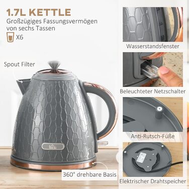 Набір тостерів HOMCOM Kettle об&39ємом 1,7 л з 4 скибочками тосту, набір для сніданку з 7 рівнями підрум&39янення, автоматичним вимкненням, функцією розморожування та розігріву та піддоном для крихт, (сірий)
