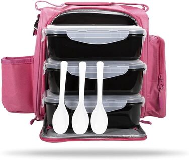 Сумка для приготування їжі GymBeam FIT Prep - Невелика сумка-холодильник з 3 міцними контейнерами, ложками та гелевими пакетами, практична сумка-холодильник для подорожей з регульованим плечовим ременем та бічною кишенею (рожева)