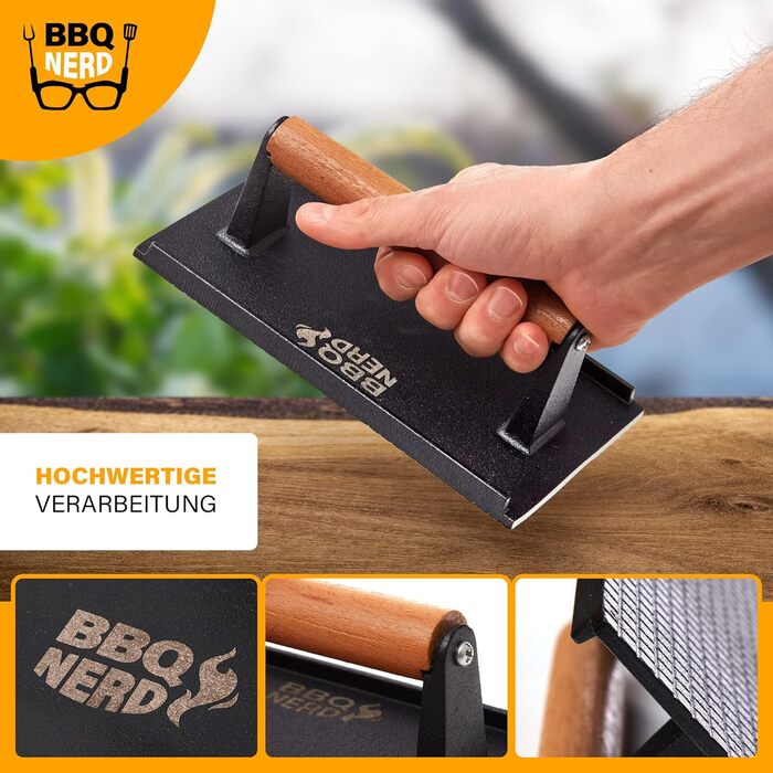 Чавунний прес для м'яса 21 x 11 см з дерев'яною ручкою, квадратний BBQ Nerd