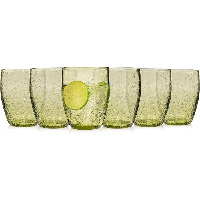 Набір склянок для пиття Singer Набір скляних склянок Porto з 6 предметів для 6 осіб, склянка для води, різнокольорова, унікальна нарізка, повсякденний, сімейна вечеря, офіс, набір склянок для соку на відкритому повітрі 310 мл (London Green 6 шт.)