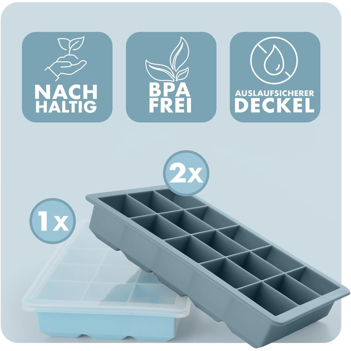 Силіконові формочки для льоду Blumtal, набір з 3 шт. - форма для льоду на 24 кубики з кришкою - силіконова форма для льоду без бісфенолу А - форма для льоду, безпечна для харчових продуктів - сіро-блакитний великі кубики (сіро-блакитний світло-блакитний, 