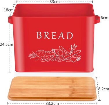 Хлібниця Herogo, металева хлібниця з дерев'яною кришкою для різання хлібної дошки, дуже велика тримач для хліба для великих буханок хліба, компактне відділення для зберігання хліба для кухонної стільниці, 33 x 18 x 24,5 см (червоний)