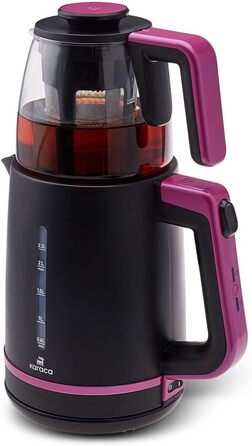 Чайник Karaca Maxi Tea XL 2-в-1 зі скляним чайником та заварником, чайник 1,25 л, резервуар для води 2,3 л, 1700 Вт, основа, що обертається на 360, скляне ситечко для чаю, функція автоматичного підігріву (малина)