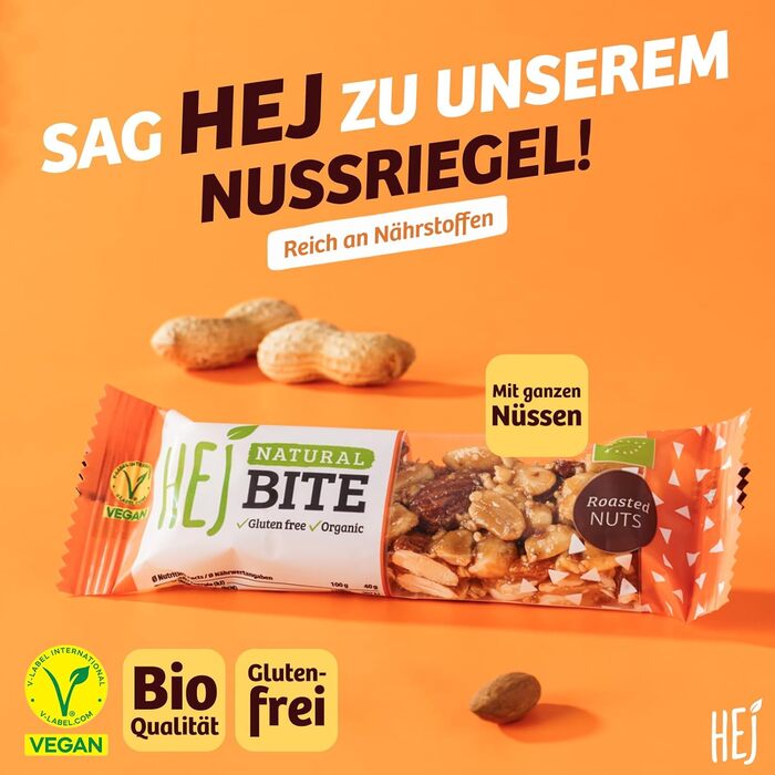 Органічні горіхові батончики HEJ Bite - Низьковуглеводна закуска з горіхами - Веганський енергетичний батончик з мигдалем, фундуком та арахісом - Без глютену - Мигдаль та морська сіль 12 x 40 г Мигдаль та морська сіль 12 шт. (1 упаковка) (Смажені горіхи,