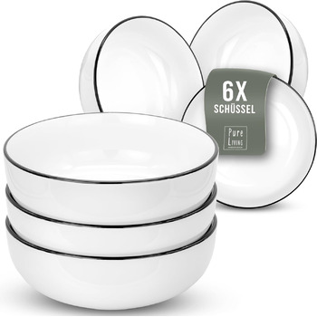Набір посуду 6 персон Скандинавський стиль - Premium Porcelain білий 18 предметів - Набір посуду для посудомийної машини та мікрохвильової печі - Столовий сервіз, набір мисок та тарілок - Стильний посуд, Посуд (миски (6x))