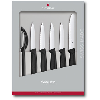 Кухонный гарнитур Victorinox SwissClassic Paring Set 6шт с черным. Ручка (5 ножей, овощечистка) в подарочной упаковке.