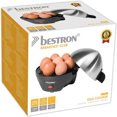 Яйцеварка Bestron на 7 яєць, в т.ч. мірний стакан для води з гравером для яєць, 3 рівні жорсткості, 350 Вт, чорний/ (сріблястий)