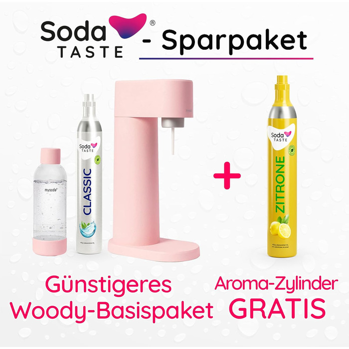 Набор для газирования воды, 4 предмета, классик + лимон, розовый Mysoda Woody SodaTASTE