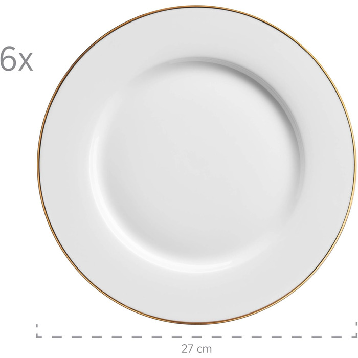 Професійний набір обідніх тарілок на 6 персон у білому кольорі із золотим обідком, обідній сервіз із 12 предметів, порцеляновий сервіз із золотим обідком, 931533