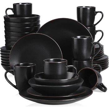 Столовый сервиз из керамогранита, набор посуды vancasso MODA, винтажный вид, комбинированный сервиз из 40 предметов с 8 тарелками, тарелками для тортов, суповыми тарелками, мисками и чашками каждая (черный, 40 шт.)