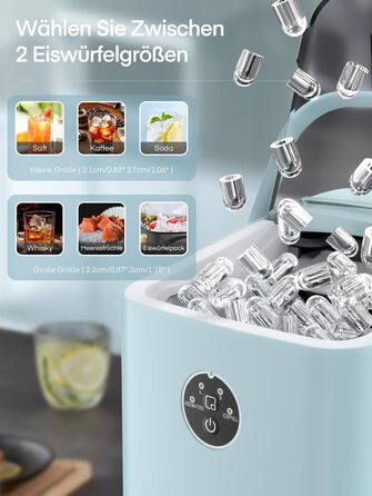 Льодогенератор FOHERE 14 кг 24 години, 8 кубиків льоду за 6 хвилин, 2 розміри кубиків льоду, самоочисний льодогенератор з ручкою, льодосборником та кошиком, льодогенератор для вечірки, офісу, будинку на колесах (BabyBlue)