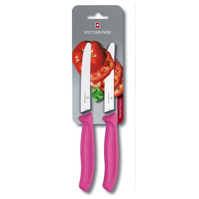 Кухонний ніж Victorinox SwissClassic Tomato&Sausage лезо 11см хвил. з рож. ручкою 2шт (блістер)