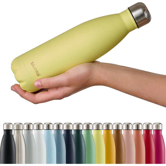 Пляшка для води Blumtal з нержавіючої сталі - Герметична ізольована пляшка - Пляшка для води без бісфенолу А для гарячого та холодного використання - Двостінна ізольована пляшка - Ізоляційна пляшка, стійка до іржі, дерево/срібло (10 - Нова жовта - Жовта, 