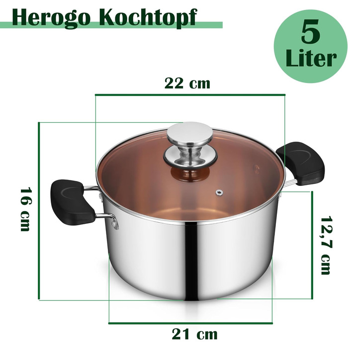 Кастрюля 5 л из нержавеющей стали со стеклянной крышкой 22 см Herogo
