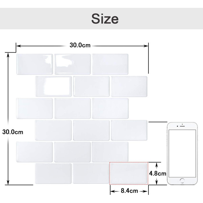 Штук 3D наклейки на плитку для ванної кімнати кухні, клейка вінілова плитка, самоклеюча плівка для плитки, стінові панелі, ПВХ, плитка Metro, самоклеючий декор плитки 30x30, декор настінної плитки (10, білий)