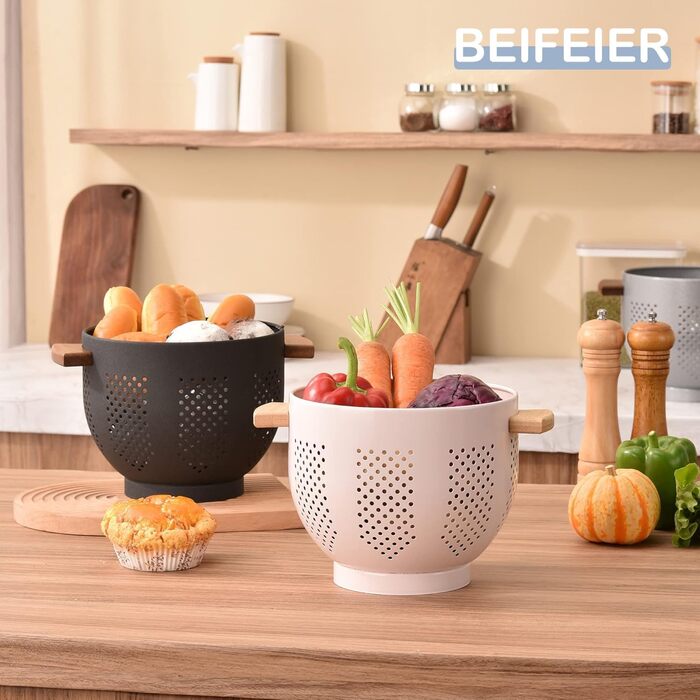 Металеве сито для пасти з дерев&39яною ручкою та стабільною основою, велике кухонне сито 22 см для пасти, овочів та фруктів, міцне кухонне сито (рожеве)