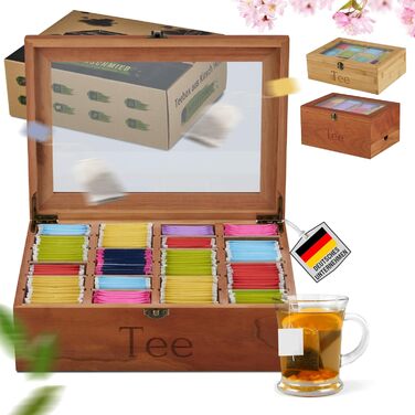 Чайна скринька преміум-класу NATURSCHMIED з вишневого дерева з 20 гнучкими відділеннями та оглядовим віконцем, (22,5x310 см) - посилені петлі міцна застібка - Елегантне сховище для чаю для справжніх любителів чаю, благородне вишневе дерево