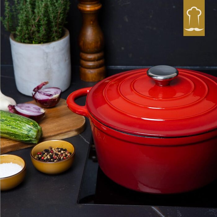 Чавунна жаровня 3,5 л з кришкою 24 см, червона Chefarone