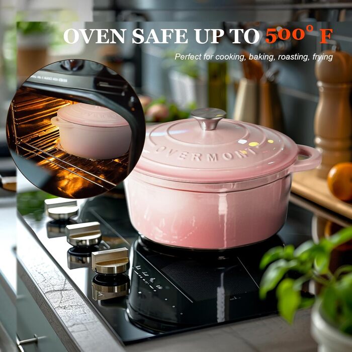 Чавунна форма для запікання Overmont Enamel - 26 см, придатна для використання в духовці, з кришкою та кулінарною книгою - для випікання, тушкування, запікання, білого кремового кольору (24 см-4,3 л, рожевого кольору)